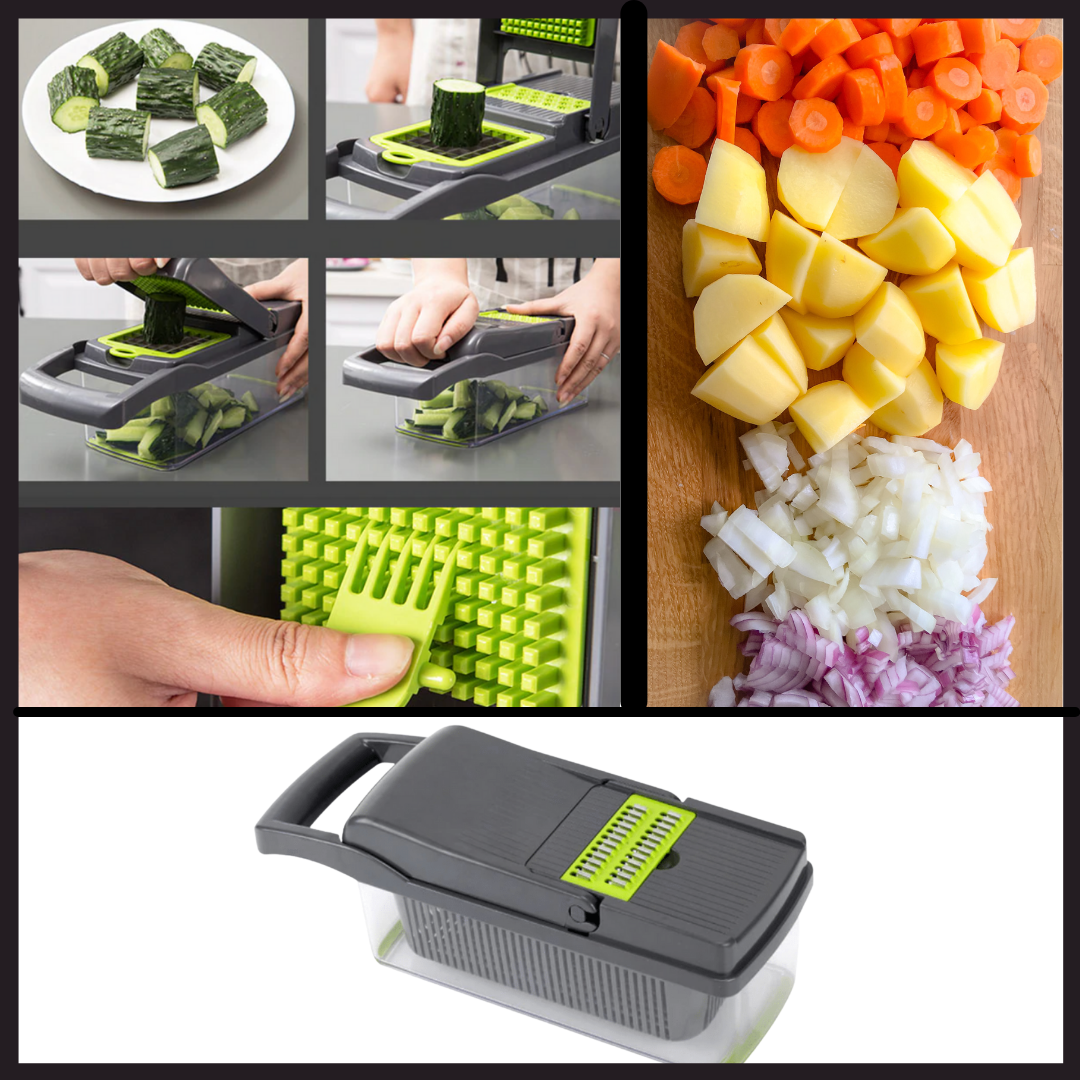 Mandoline multifuncional 8 em 1 da Anuosi para preparação de alimentos, com lâminas ajustáveis e acessórios de cozinha.