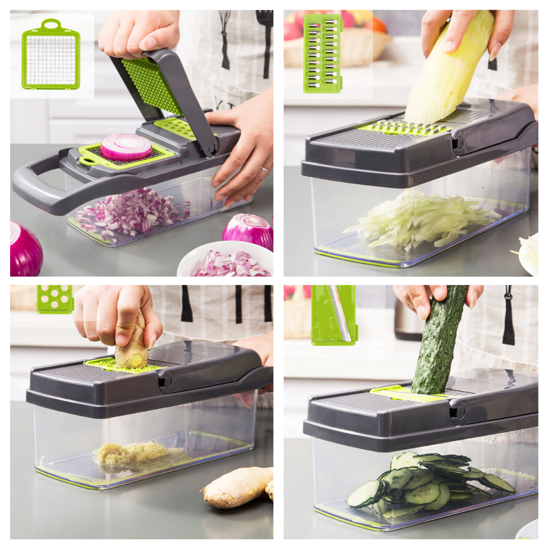 Mandoline multifuncional 8 em 1 da Anuosi para culinária e pâtisserie, com lâminas ajustáveis e design ergonômico.