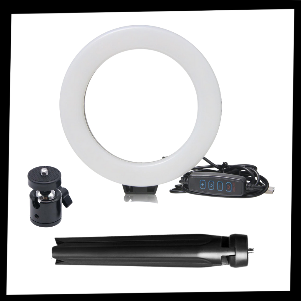 Lâmpada circular de LED de 16 cm com tripé para iluminação de estúdio, marca Brottfor, usada para fotos e vídeos.