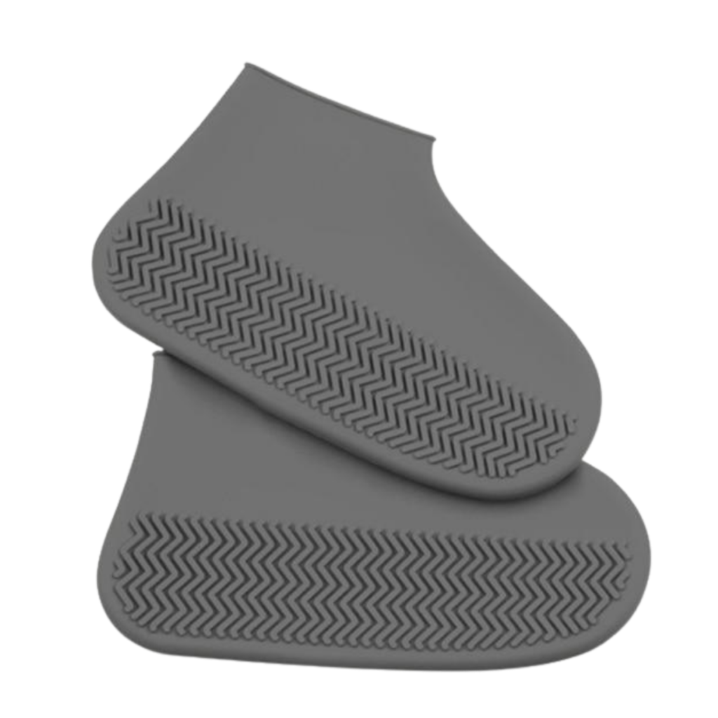 Par de capas de proteção para calçados em silicone impermeável, cor cinza, para proteger sapatos contra água e sujeira.