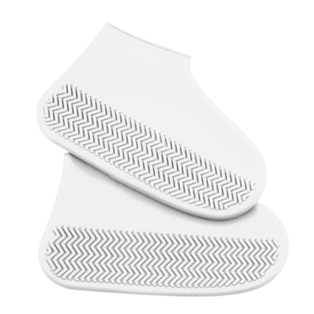 Par de capas de proteção para calçados impermeáveis em silicone branco, ideal para evitar sujeira e umidade.