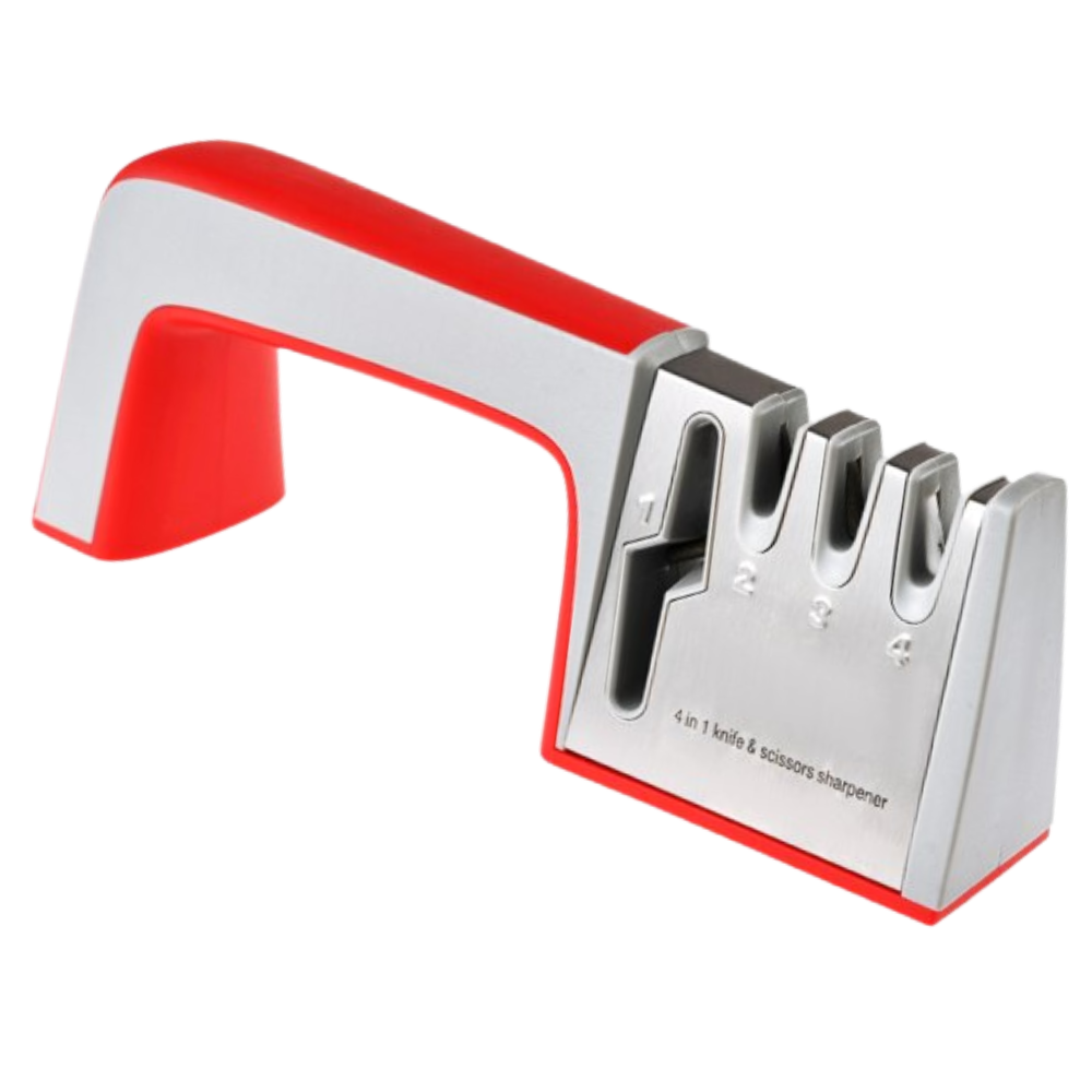 Aiguiseur de couteaux de cuisine Wewdigi, électroménager efficace pour affûter lames de couteaux rouges, vue de face.