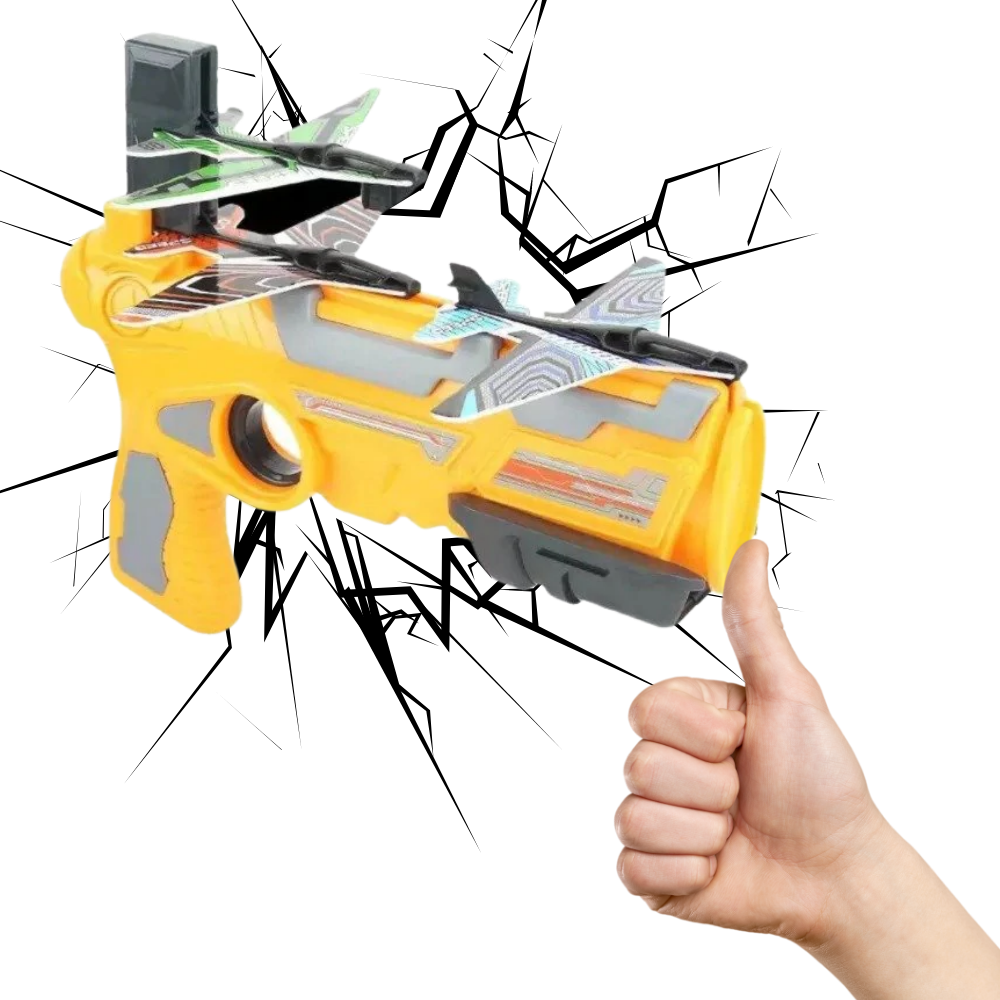 Brinquedo catapulta de avião da marca Universal, brinquete voador com design aerodinâmico e colorido para diversão.
