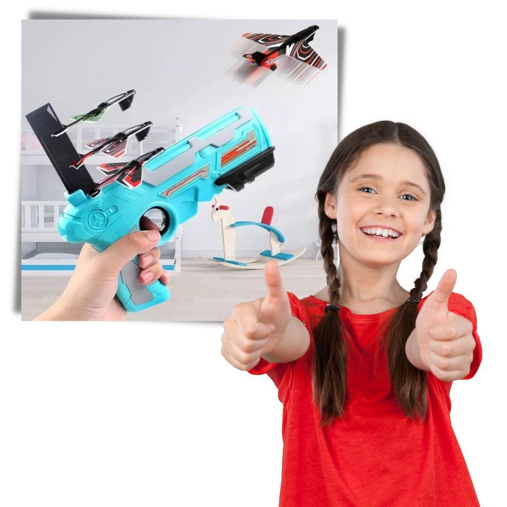 Brinquedo de avião catapulta da Universal, brinquete voador colorido para crianças, com detalhes visíveis na imagem.