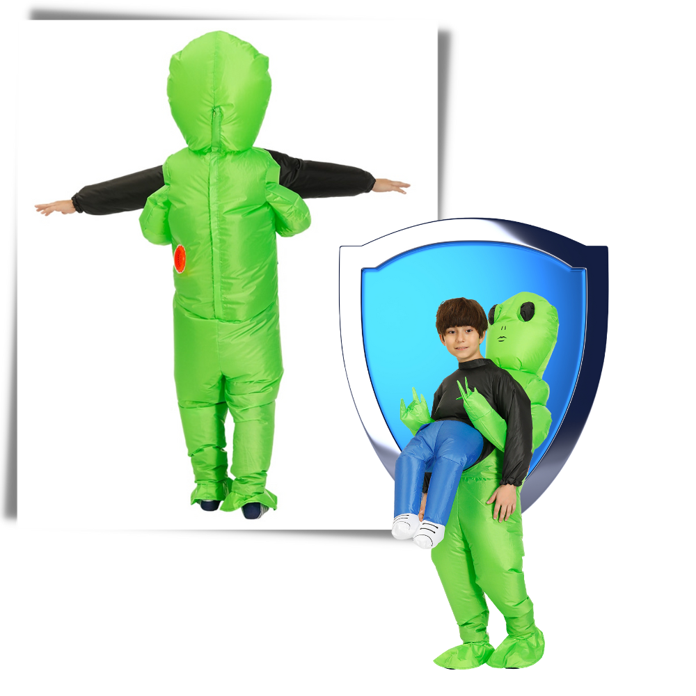 Fantasia de alienígena inflável da Amscan, traje de déguisement com aparência de alienígena verde e detalhes infláveis.