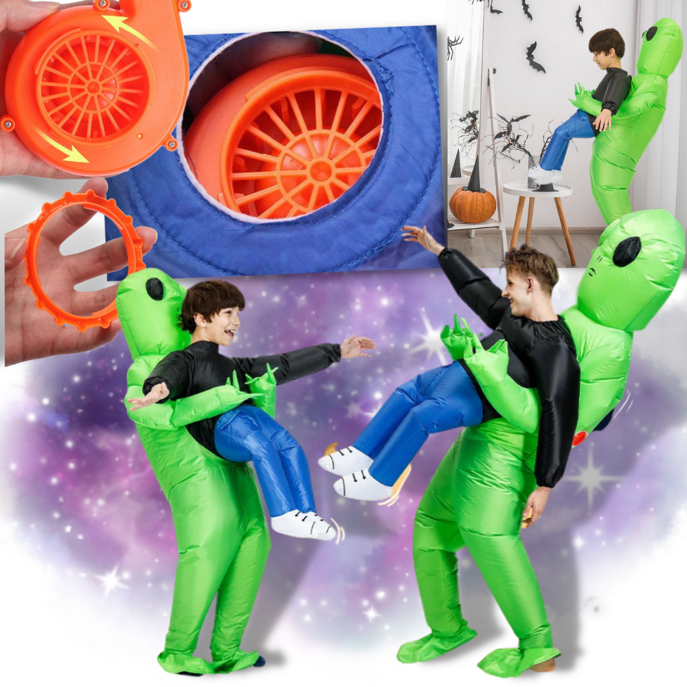 Fantasia de alienígena inflável da Amscan, traje completo com detalhes verdes e cabeça de alienígena para fantasia divertida.