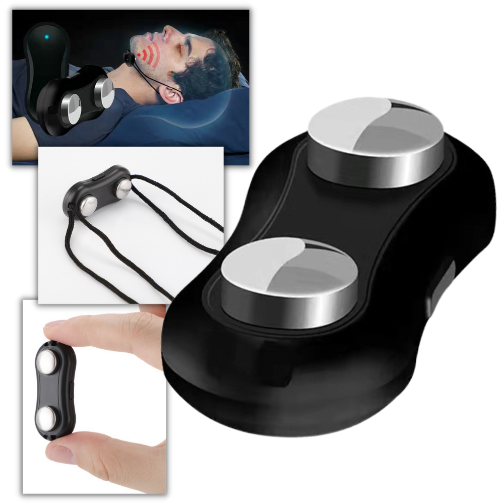 Dispositivo anti-roncador inteligente da marca Cn, ajuda ao sono, mostrado em detalhes com design compacto e moderno.