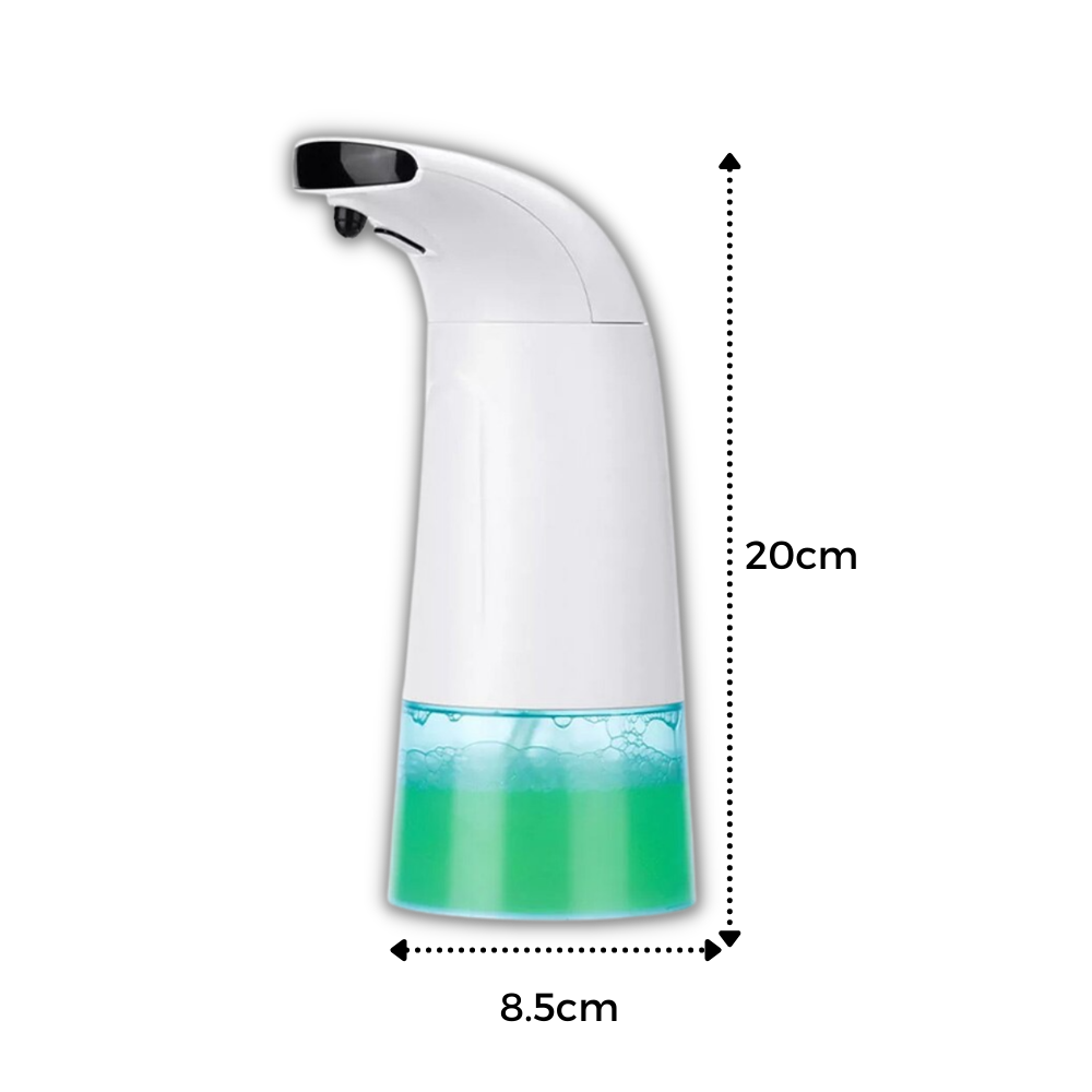 Distributeur automático de sabonete e loção Vinjoyce, corpo em plástico branco e mecanismo de acionamento sem contato.