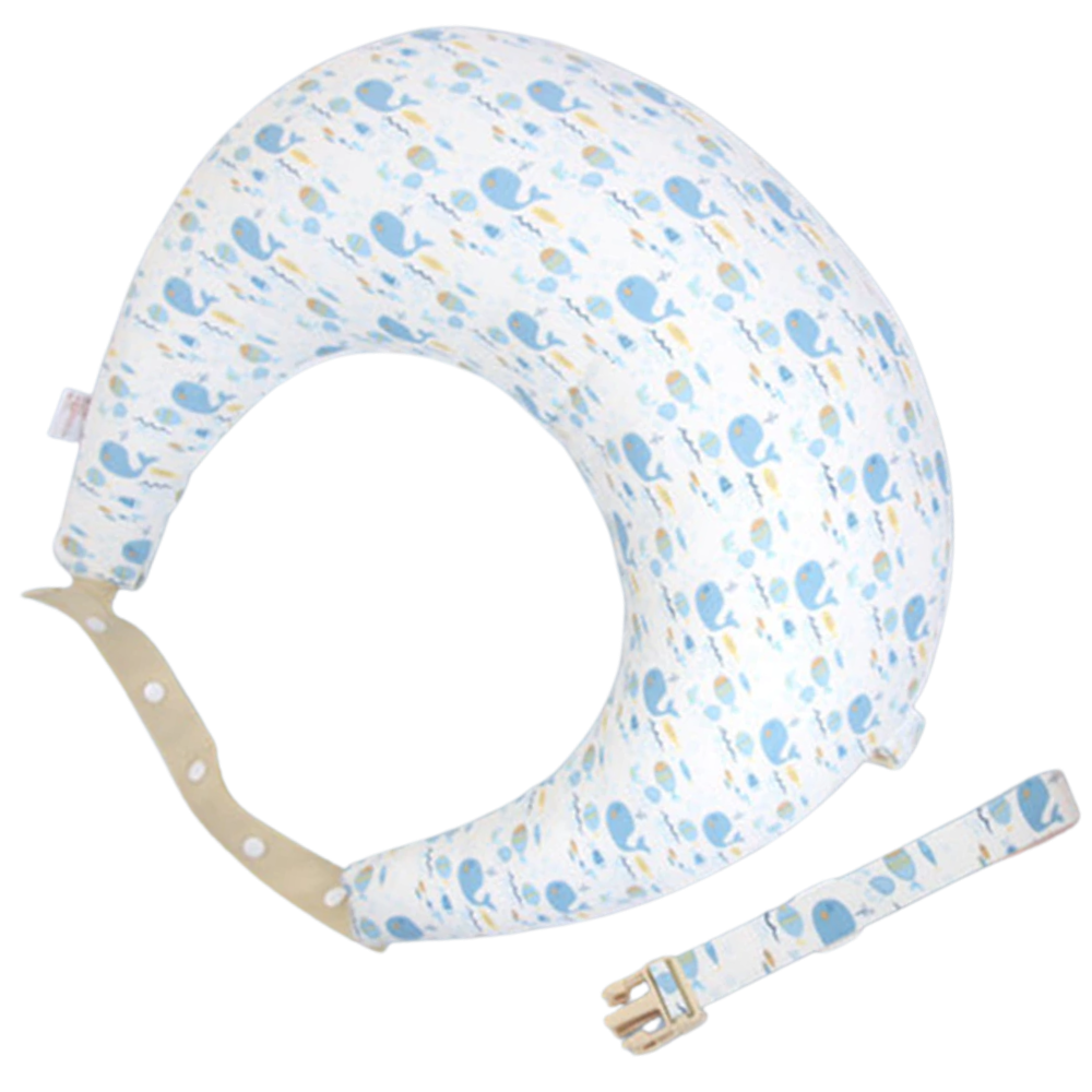 Almofada de maternidade Momcozy, cuscim de aleitamento azul com desenho de cetáceo, confortável para mães e bebês.