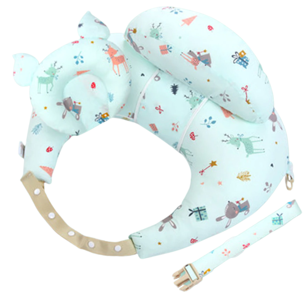 Almofada de maternidade Momcozy para amamentação, com design confortável em verde floresta, usada para suporte durante a amamentação