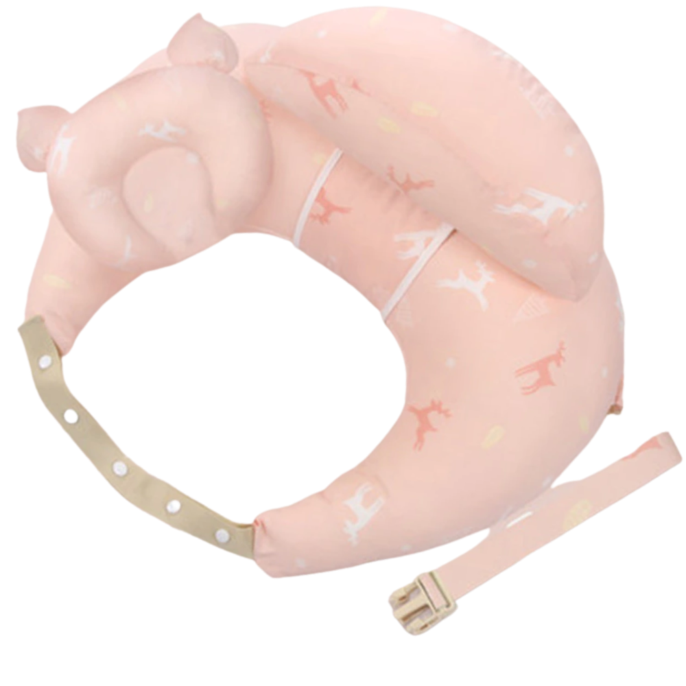 Almofada de amamentação Momcozy, almofada de maternidade rosa com estampa de cervos, usada como apoio para amamentar ou dormir.