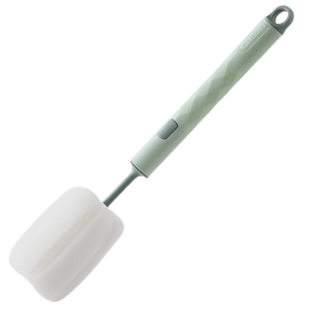 Escova de limpeza Aomeily com esponja verde, ideal para limpeza doméstica de garrafas e utensílios.