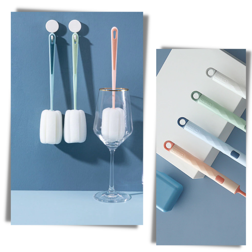 Escova e esponja de limpeza doméstica Aomeily com design de furo suspenso para facilitar armazenamento.