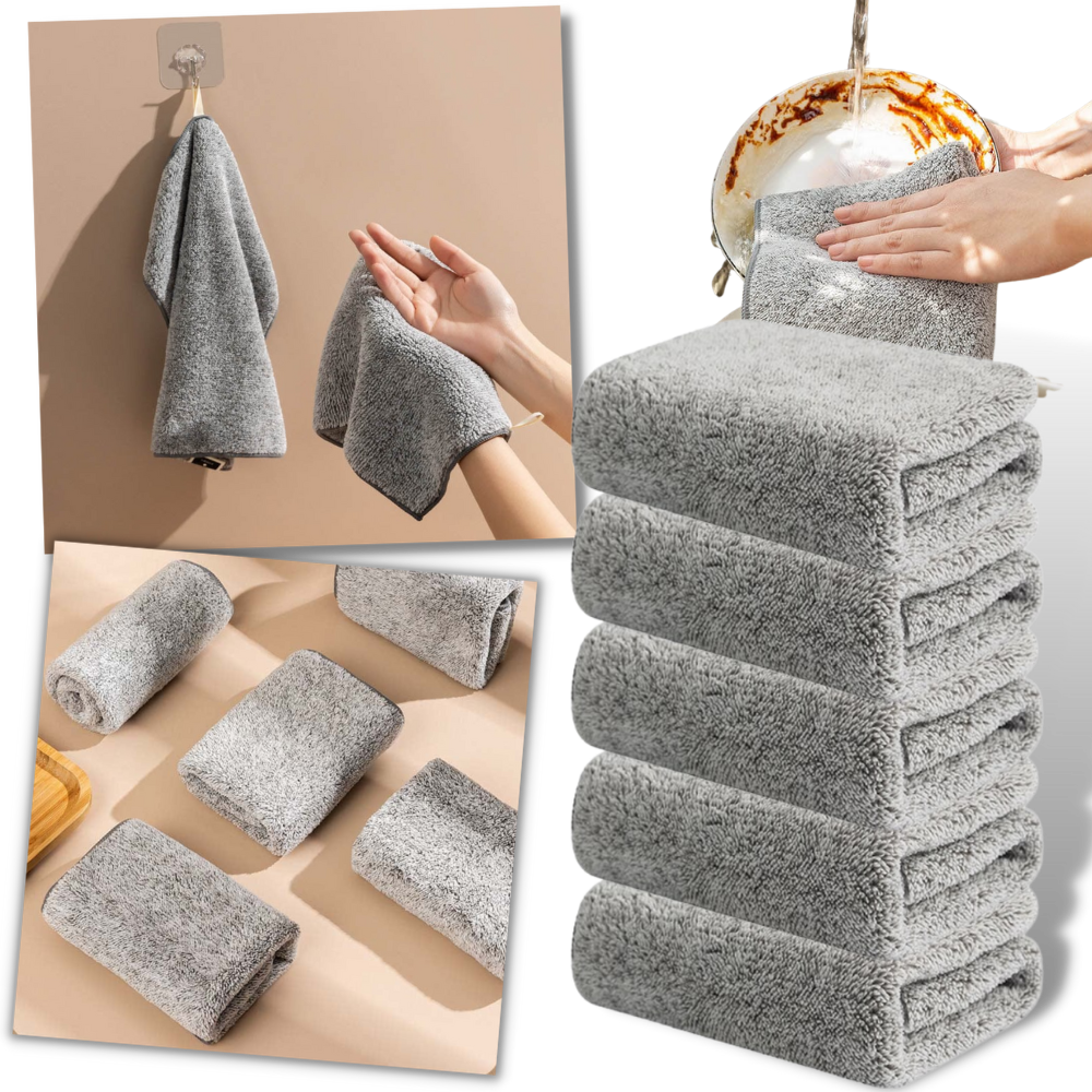 Conjunto de serviettes de microfibra de bambu, toalhas macias e absorventes em embalagem com várias unidades.