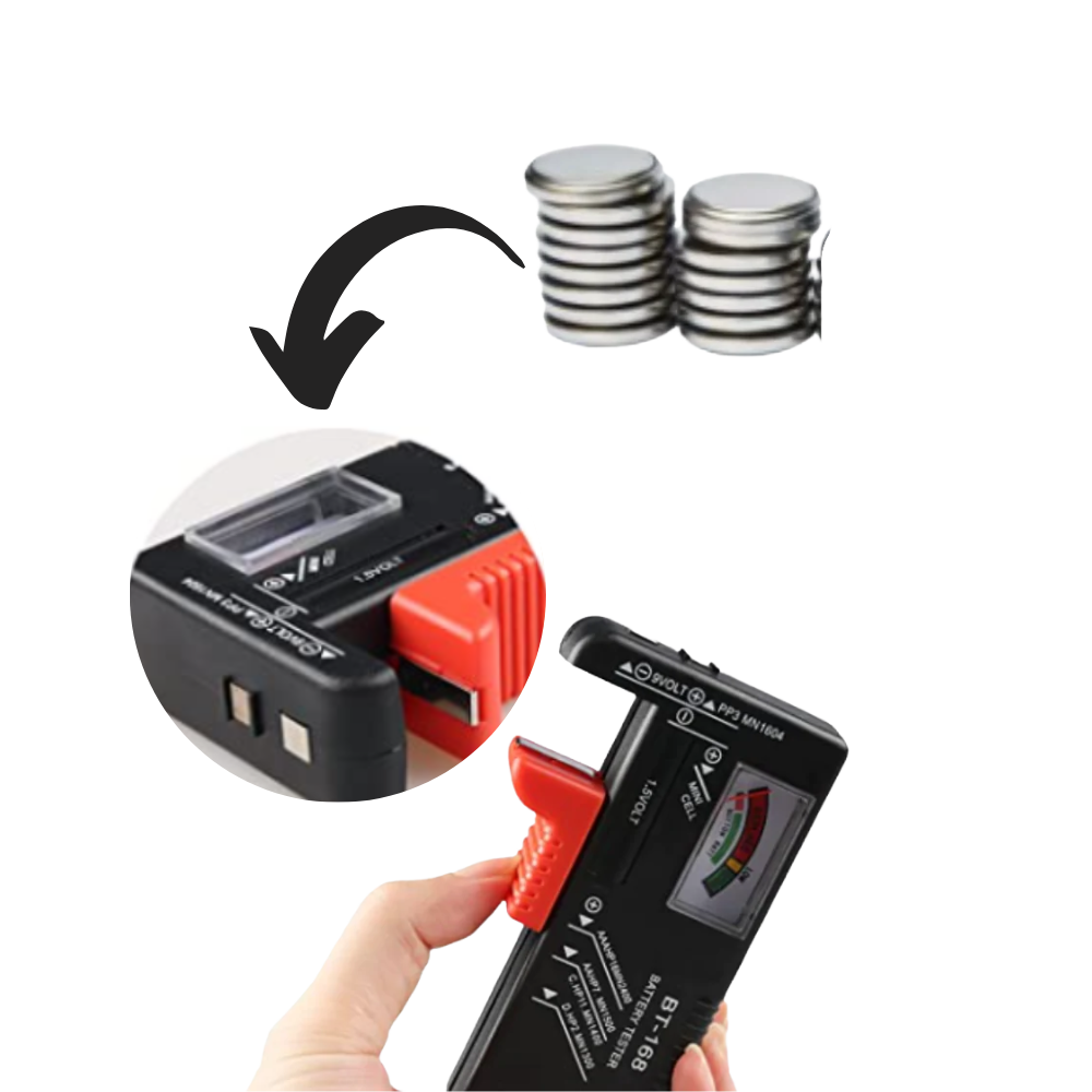 Testador de bateria Ce Compass para verificar a carga de baterias de alimentação, com visor digital e cabos conectados.