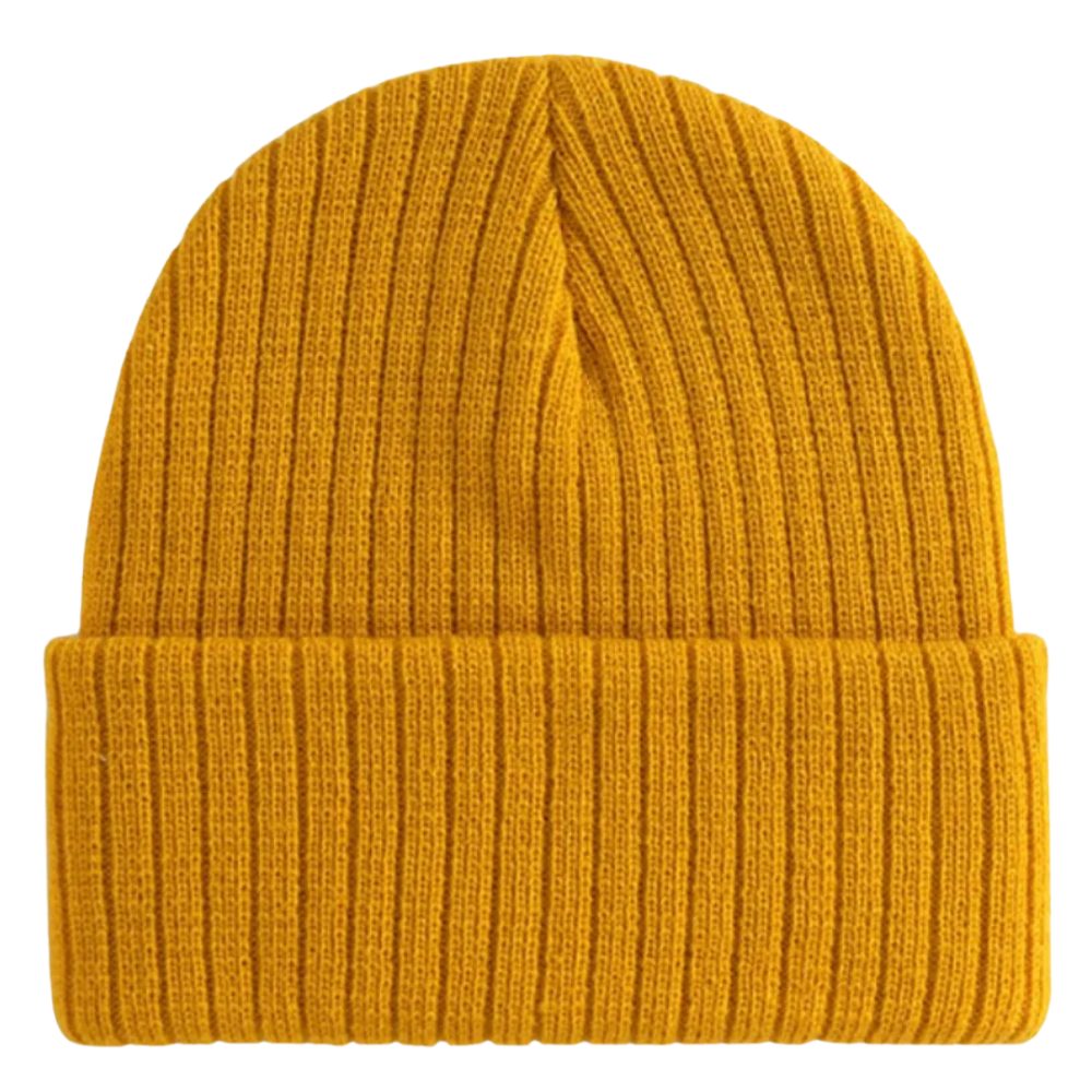 Gorro clássico de tricô côtelé amarelo, chapéu Bangcool, estilo simples e confortável para o inverno.