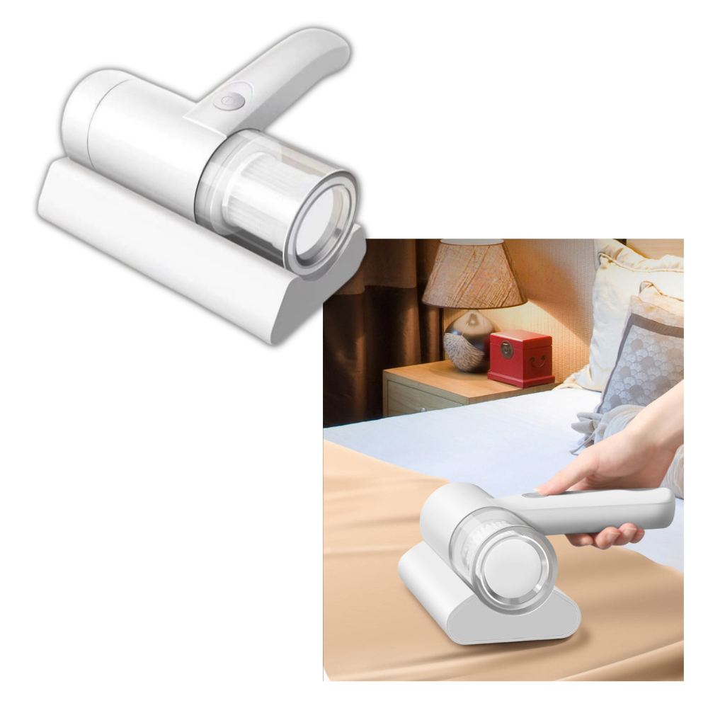 Aspirador de mão Tomshoo para colchões, mostrando o aparelho portátil usado para limpeza de camas e áreas de dormir.