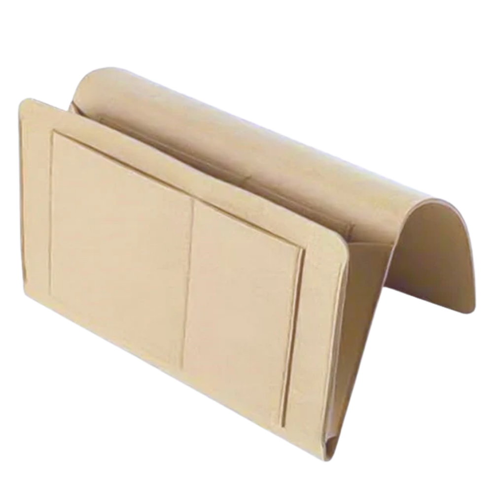 Organizador de mesa de cabeceira ou sofá Gupgi, em bege, com compartimentos para organização de objetos pequenos.