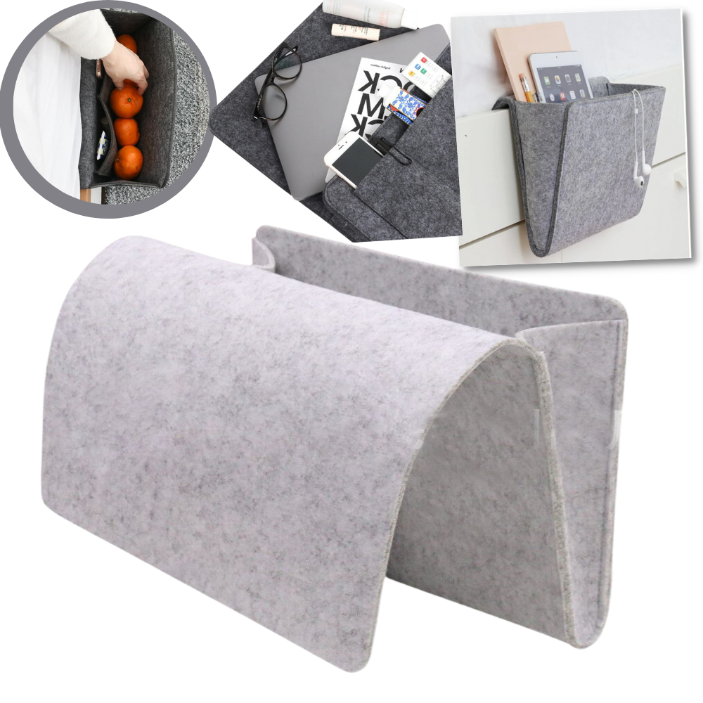 Organizador de mesa de cabeceira ou sofá Gupgi com compartimentos para armazenamento e organização de objetos.
