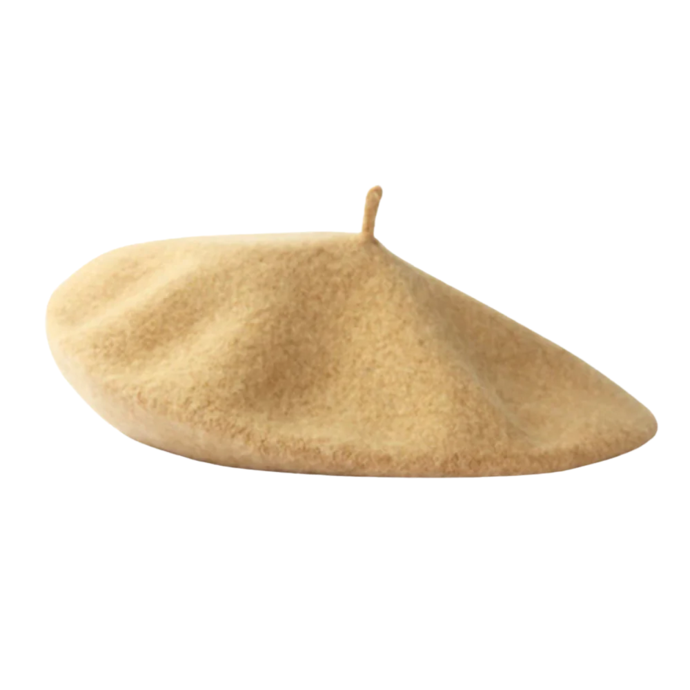 Béret clássico em lã bege para mulher, acessório de chapellerie da Byte Legend, usado na cabeça com estilo tradicional.