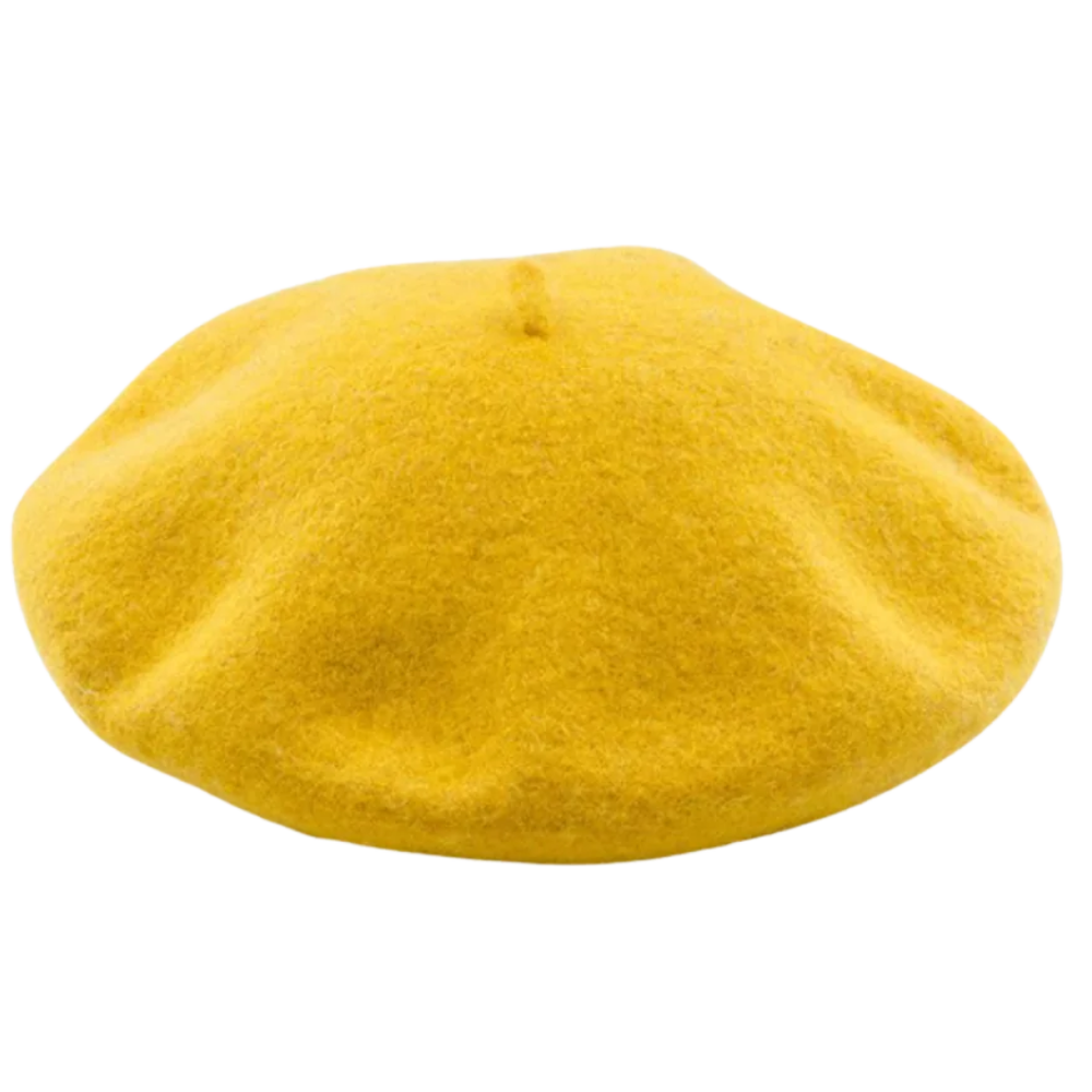 Béret clássico em lã amarelo para mulher, acessório de chapellerie da Byte Legend, com textura de lã visível na imagem.
