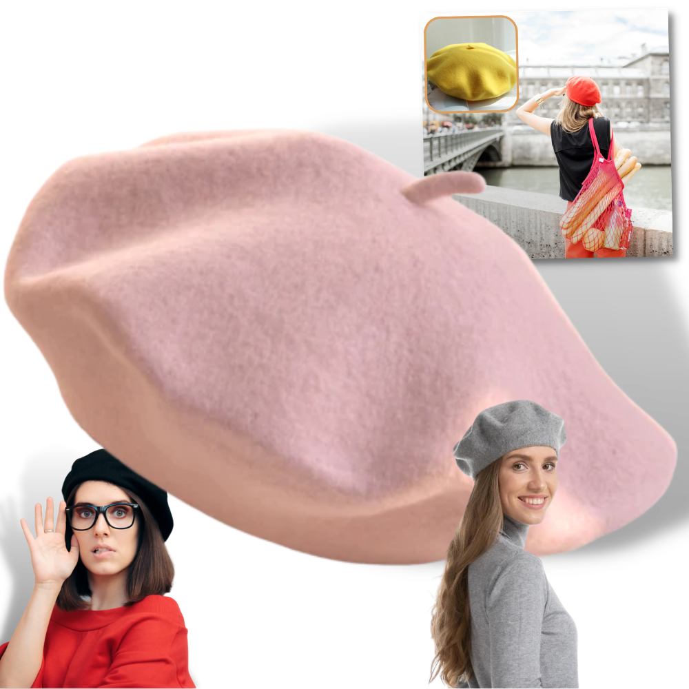 Béret clássico em lã para mulher, chapéu feminino de estilo vintage, com acabamento suave e design elegante.