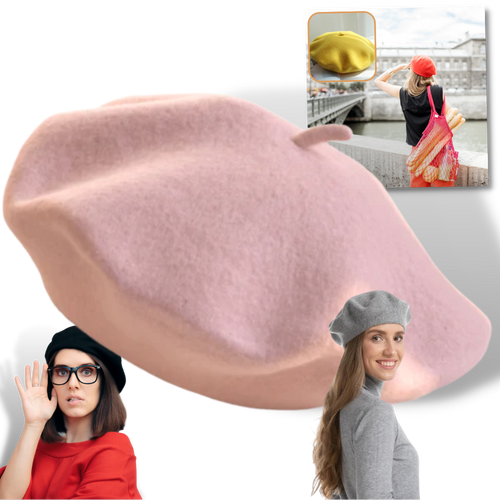 Béret clássico em lã para mulher, chapéu feminino de estilo vintage, com acabamento suave e design elegante.