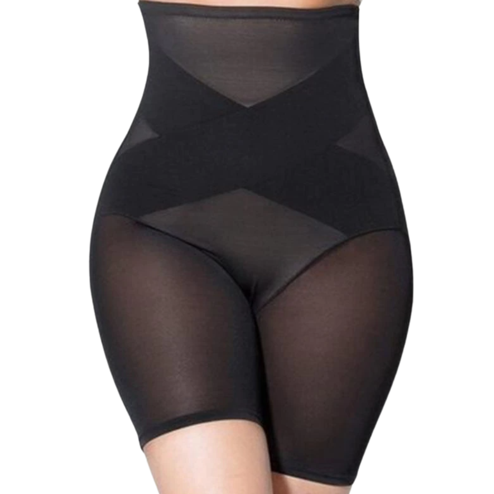 Calcinha modeladora alta da Eastjing, tecido preto, ajuste firme na cintura e abdomen, roupa íntima modeladora para emagrecimento.