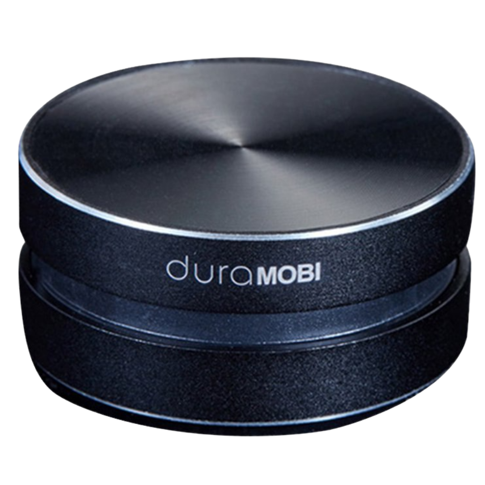 Alto-falante Bluetooth de condução óssea Duramobi preto, componente de áudio com design compacto e tecnologia de transmissão sem fio.