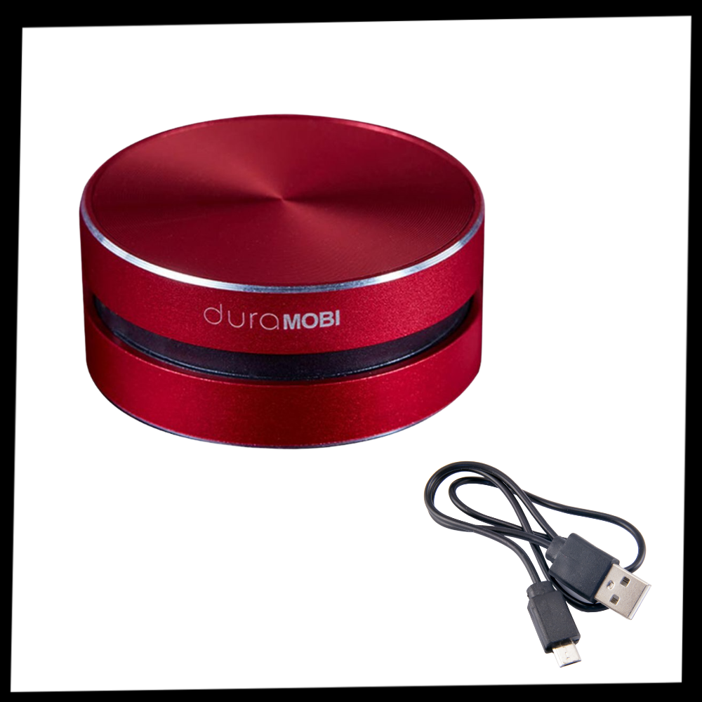 Caixa de som Bluetooth Duramobi com tecnologia de condução óssea, vista na embalagem com componentes de áudio.
