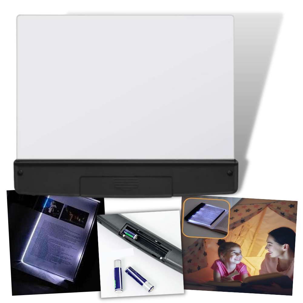 Lâmpada de leitura LED portátil Yks, com design compacto, iluminando uma página de livro aberta.