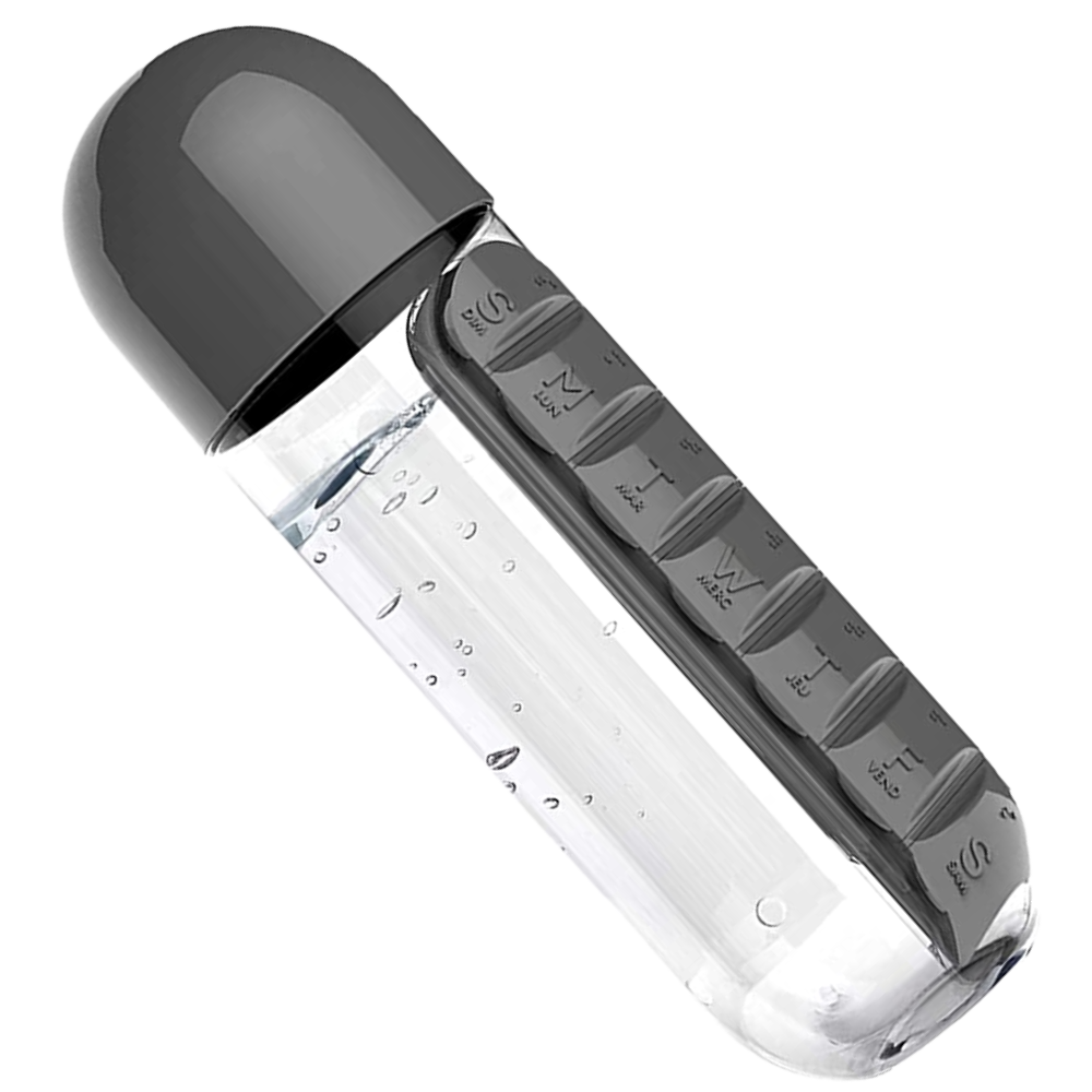 Garrafa de água de plástico preta com compartimento para pílulas, suporte para alimentos e bebidas da marca Tureclos.