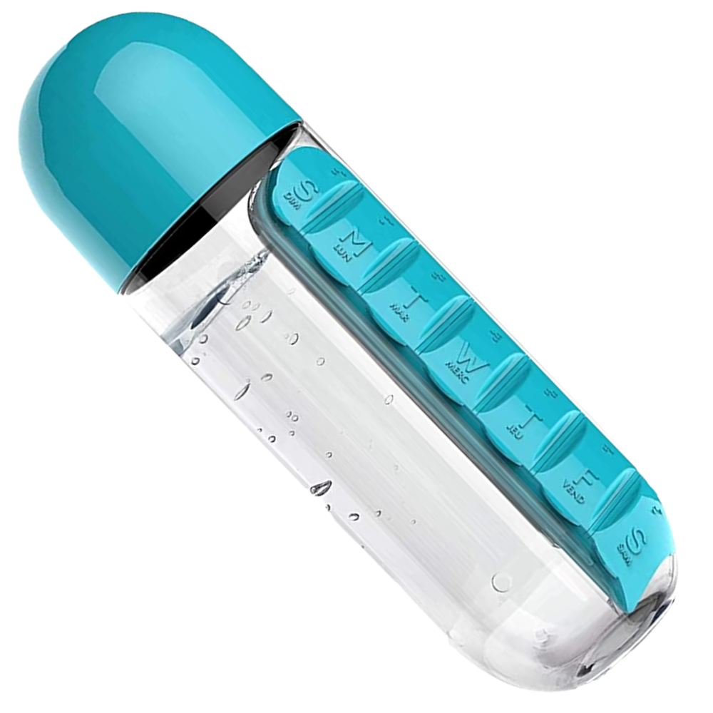 Garrafa de água de plástico azul com compartimento para remédios, suporte para alimentos e bebidas Tureclos.