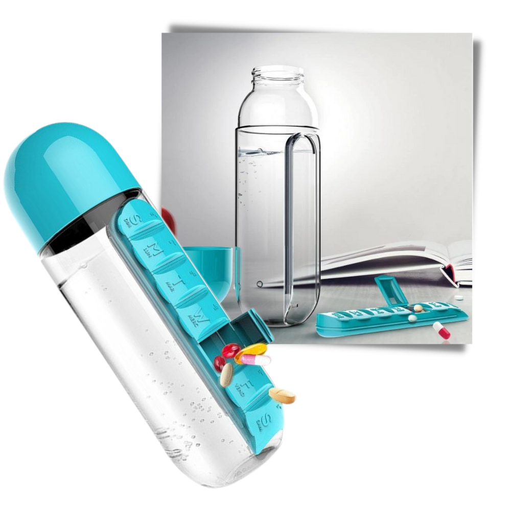 Garrafas de água em plástico com compartimento para suplementos, marca Tureclos, suporte para alimentos e bebidas.