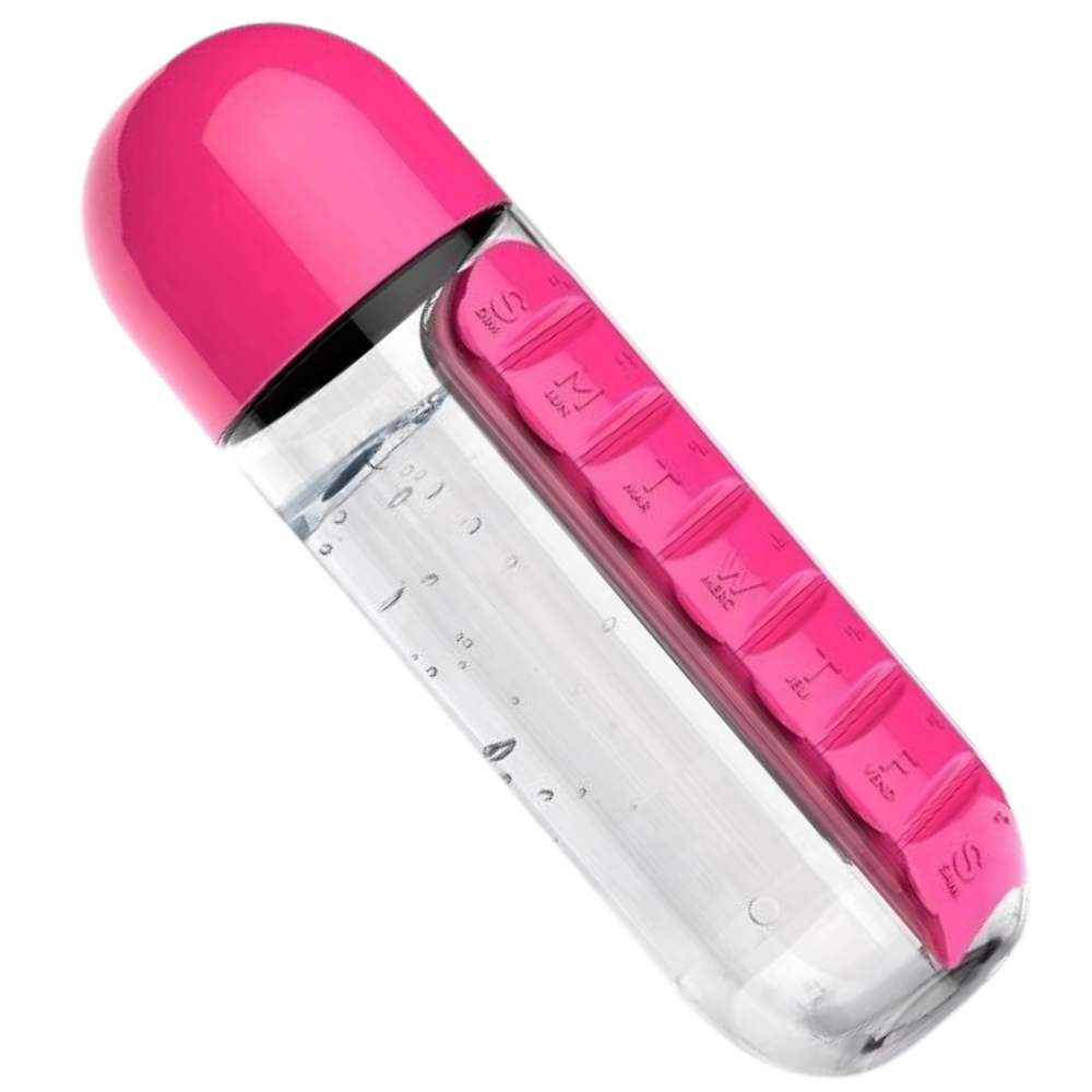 Garrafra de água de plástico rosa com compartimento para pílulas, suporte para alimentos e bebidas Tureclos.