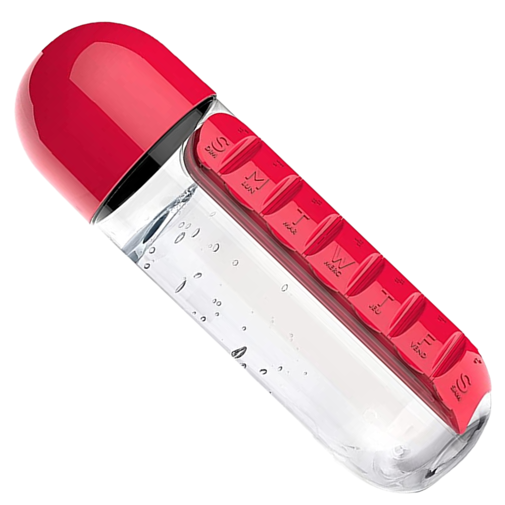 Garrafa de água em plástico vermelha com compartimento para comprimidos, suporte para alimentos e bebidas, marca Tureclos