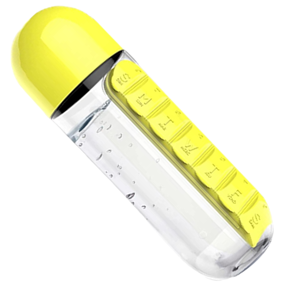 Garrafa de água plástica amarela com compartimento para pílulas, suporte para alimentos e bebidas, marca Tureclos