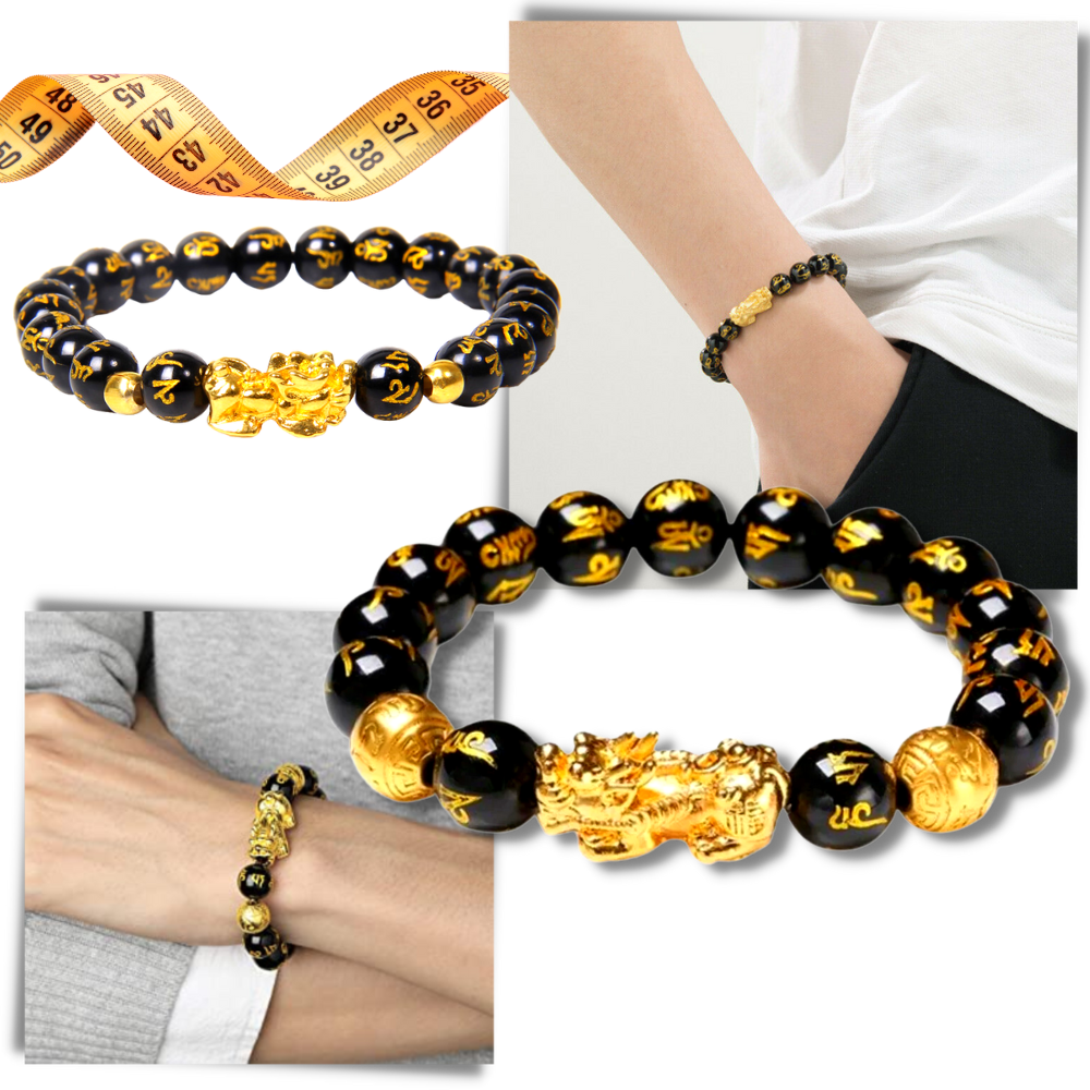 Pulseira de obsidiana preta e detalhes dourados da I-Mart, ajustável, com design elegante e estilo moderno para o pulso.