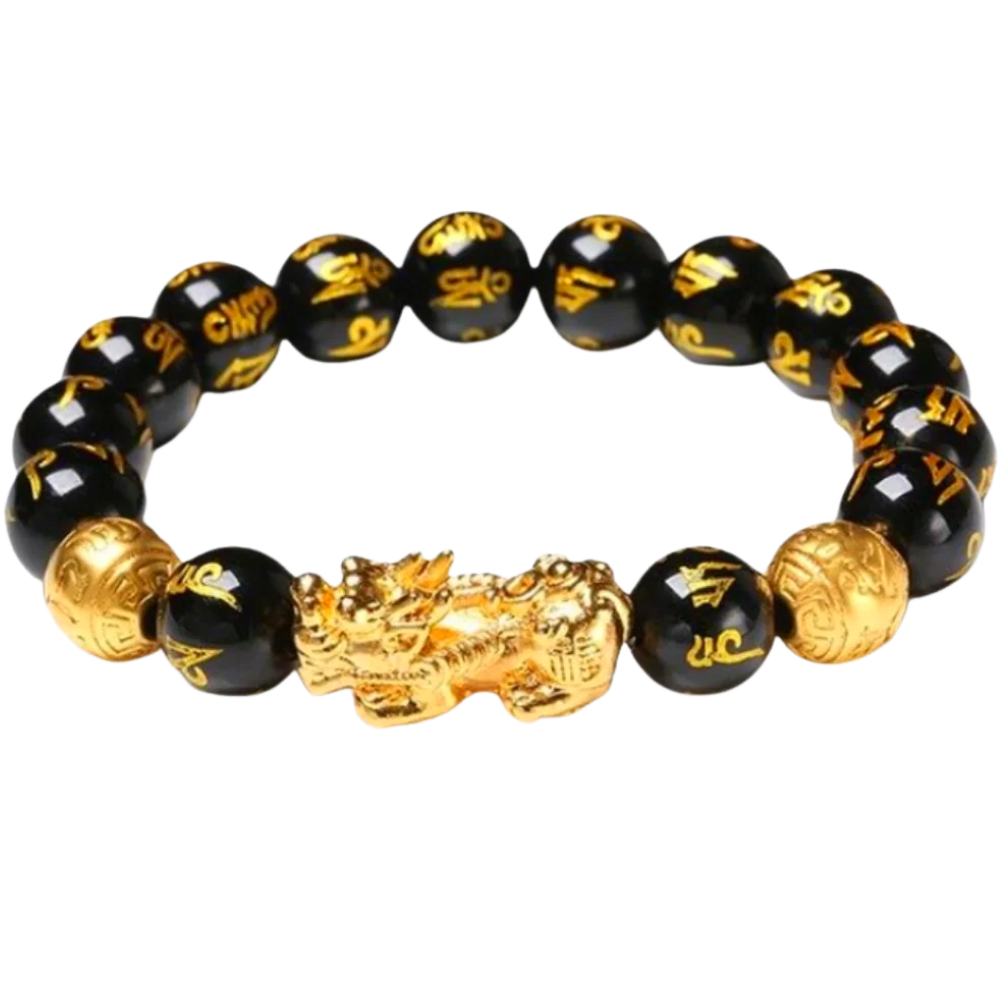 Pulseira de obsidiana preta com detalhes dourados, acessório de pulseira elegante da marca I-Mart.