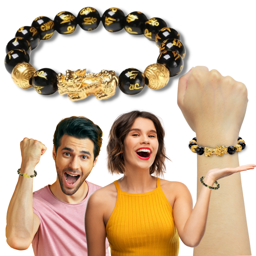 Pulseira de obsidiana preta e detalhes dourados da marca I-Mart, feita de contas de pedra com acabamento elegante.