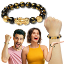 Pulseira de obsidiana preta e detalhes dourados da marca I-Mart, feita de contas de pedra com acabamento elegante.
