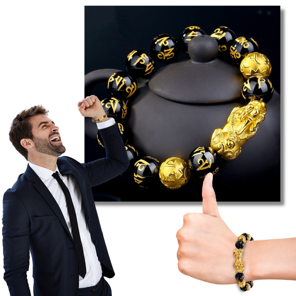 Pulseira de obsidiana preta e detalhes dourados da I-Mart, feita de pedras naturais, para estilo e proteção.