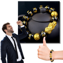 Pulseira de obsidiana preta e detalhes dourados da I-Mart, feita de pedras naturais, para estilo e proteção.