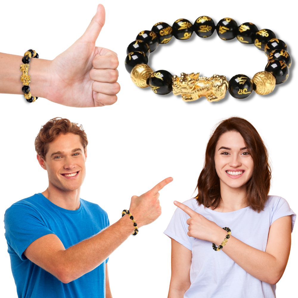 Pulseira unissex de obsidiana preta e detalhes dourados, acessório de estilo elegante e moderno.