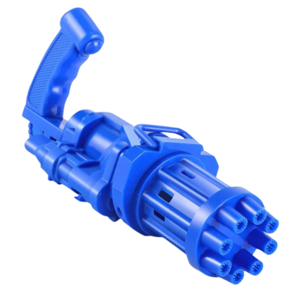 Pistola de bolhas automática Aprezo, brinquedo de atividade azul, com tubo de produção de bolhas e design divertido.