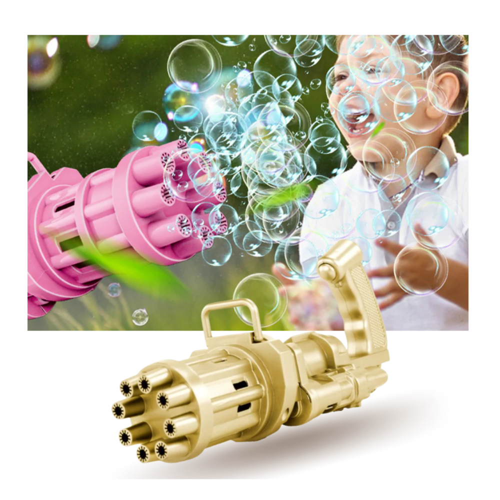 Pistola de bolhas automática Aprezo, brinquedo de atividade divertido com emissão de bolhas coloridas em ação.