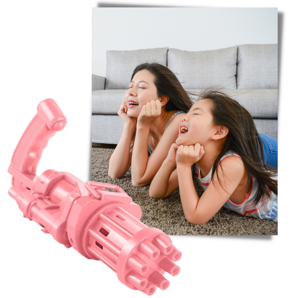 Pistola de bolhas automática Aprezo, brinquedo de atividade com ventilador integrado para criar bolhas de sabão.
