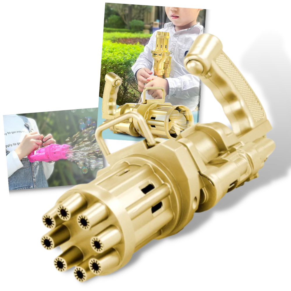 Pistola de bolhas automática Aprezo, brinquedo de atividade com cilindro de bolhas e sistema de disparo fácil.