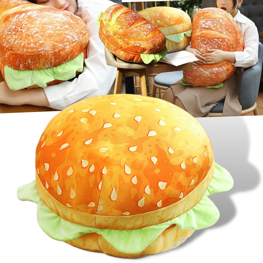 Almofada em forma de hambúrguer para sofá ou cadeira, da marca Genuiskids, com detalhes coloridos de queijo, alface e carne.