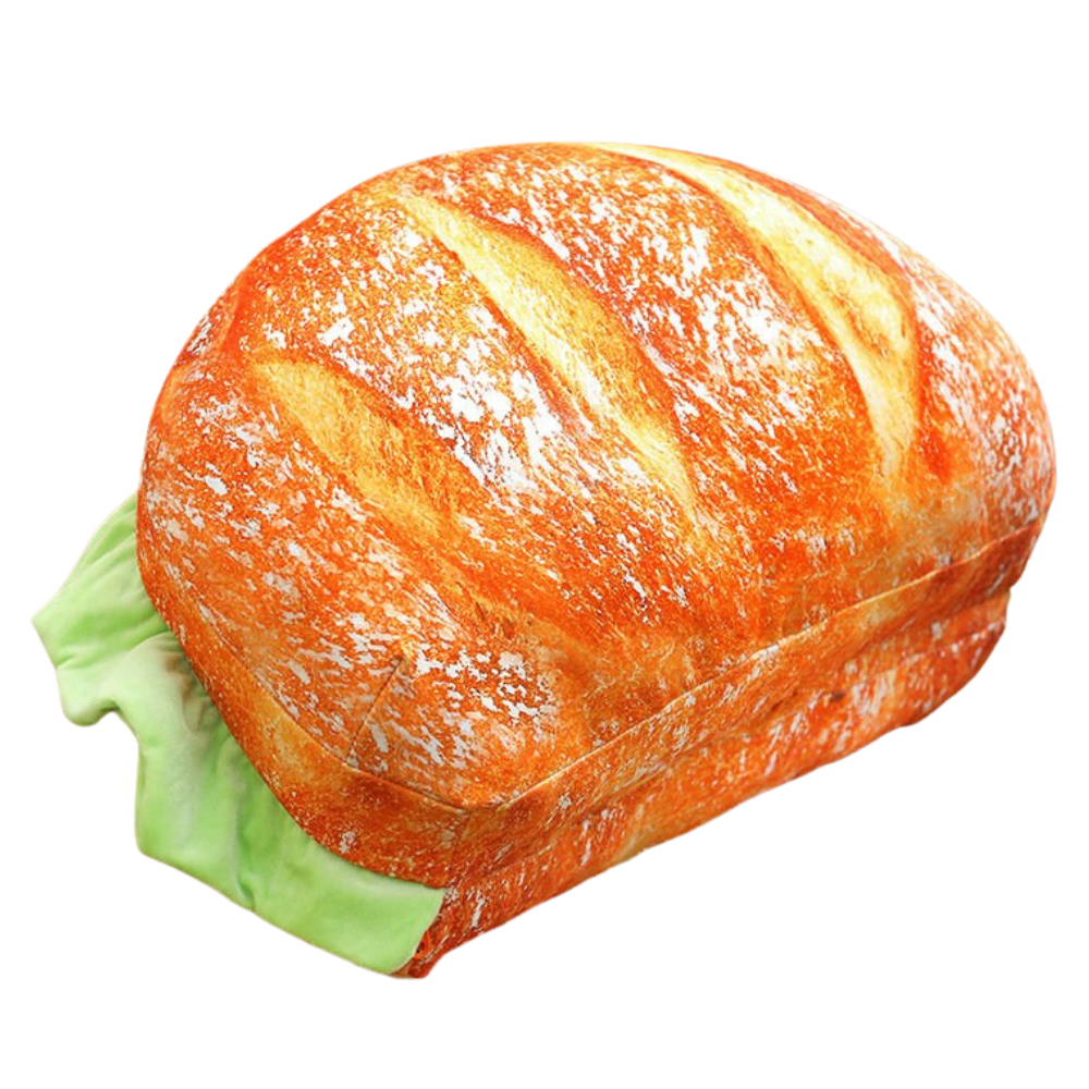 Almofada em forma de hambúrguer da Genuiskids, decorativa para poltronas e sofás, com detalhes de pão, carne, queijo e alface.